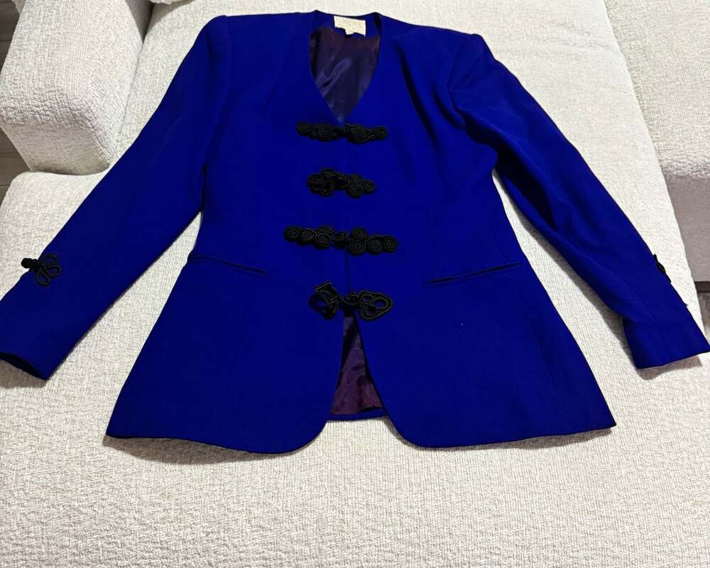 Vintage Alberto Makali Cobalt Blue Wool Blazer with Frog Closures Size 8